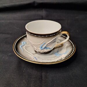 Vintage Moriage Dragonware Demitasse Cup and Saucer Set Grey Black Gold‎